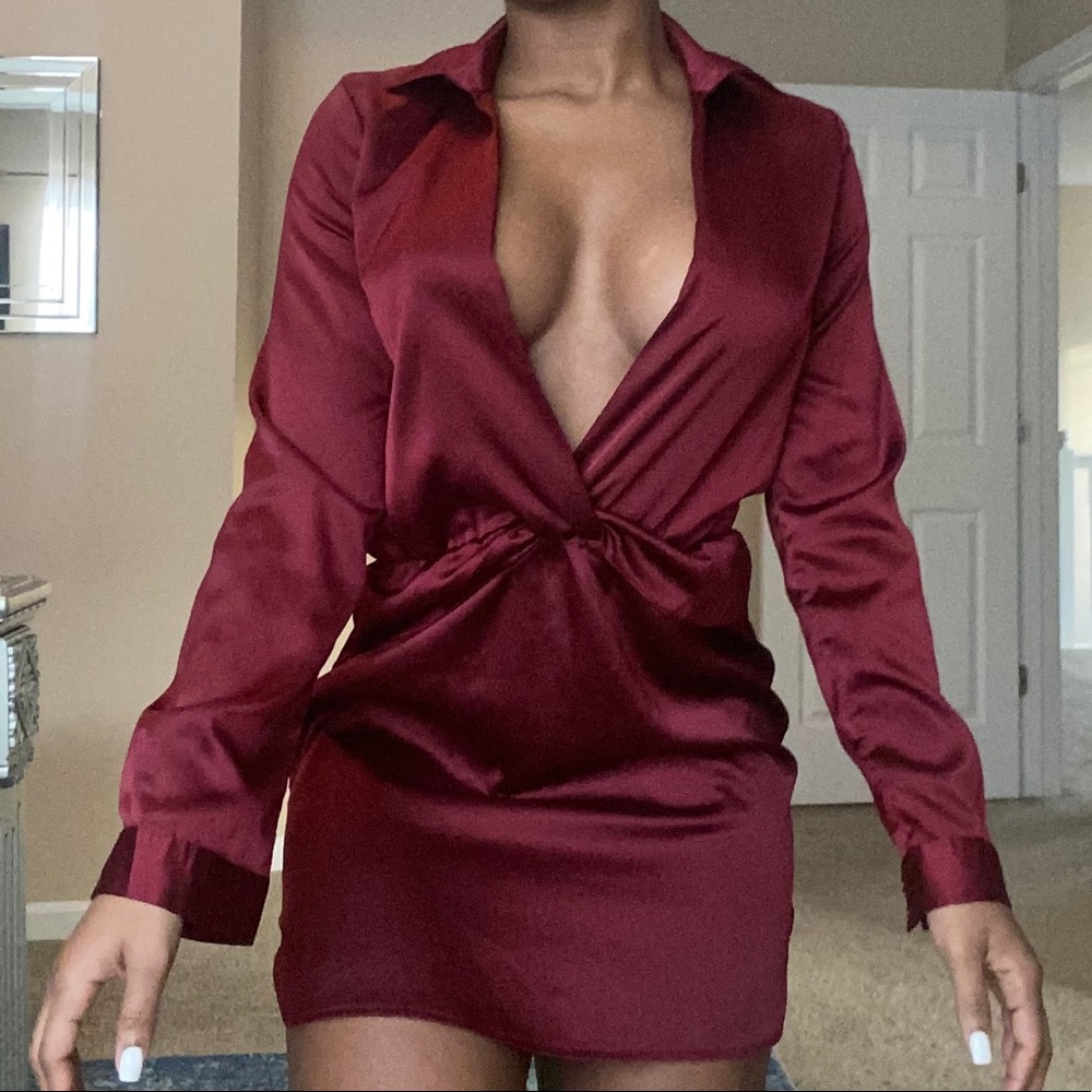 Wine satin plunge mini dress